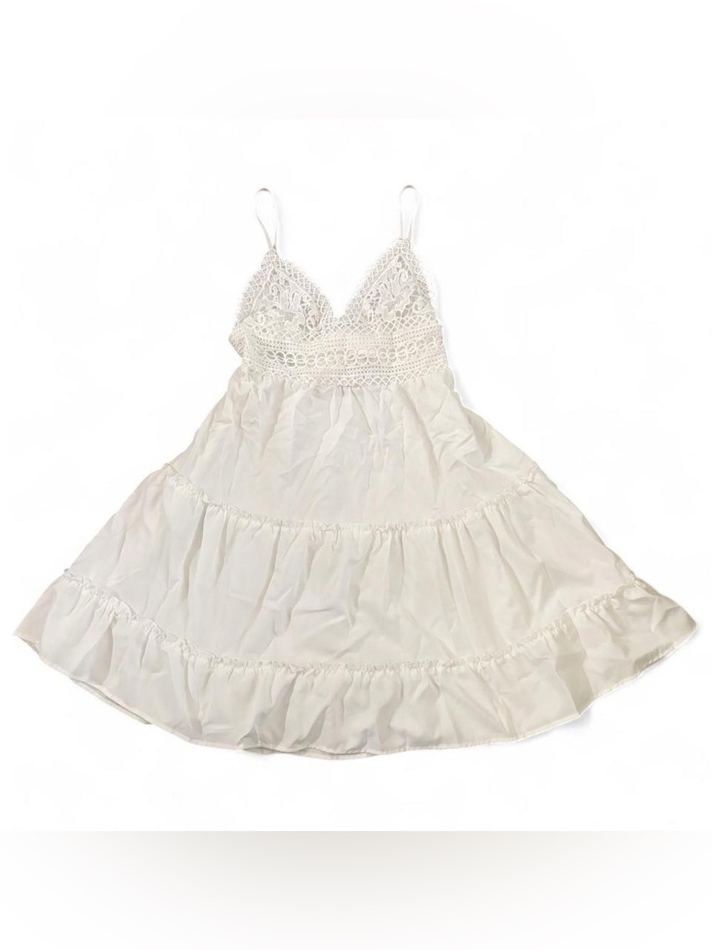 White Crochet Lace Cutout Tie
Back Tiered Mini Dress S